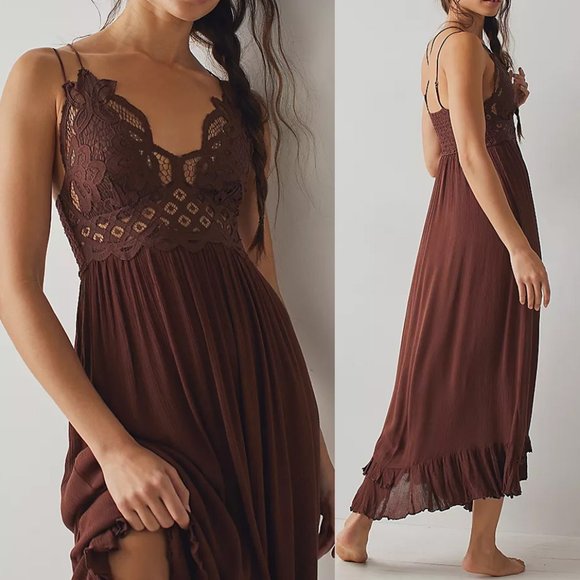 NEW Free People FP One Adella Long Maxi Slip Dress Crochet Lace Chocolate $128 L - Picture 2 of 10